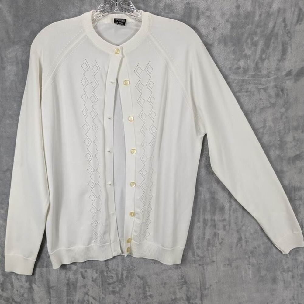 Vtg Eileen Cardigan Sweater Womens Large White Diamond Knit Made in Poland